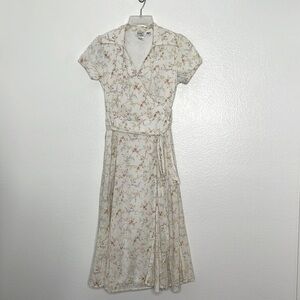 Vintage 1970s Jody of California Ivory Floral Swiss Dot Faux Wrap Dress …